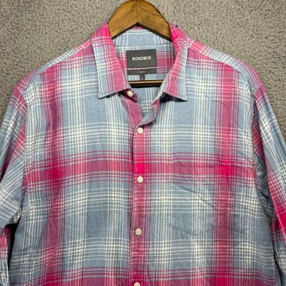 Bonobos Shirt Men's Large Pink Blue Plaid Check Slim Fit Flannel Collared Pocket - Picture 1 of 10